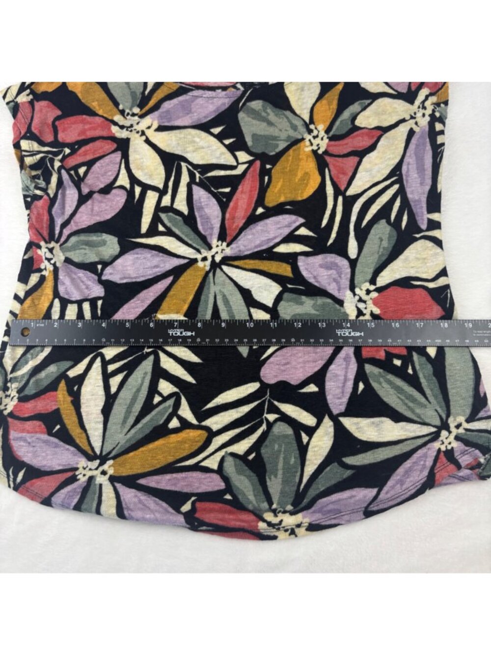 Nicole Miller Womens L Black Floral Print 100% Linen Top Cap Short Sleeveless - Picture 5 of 7